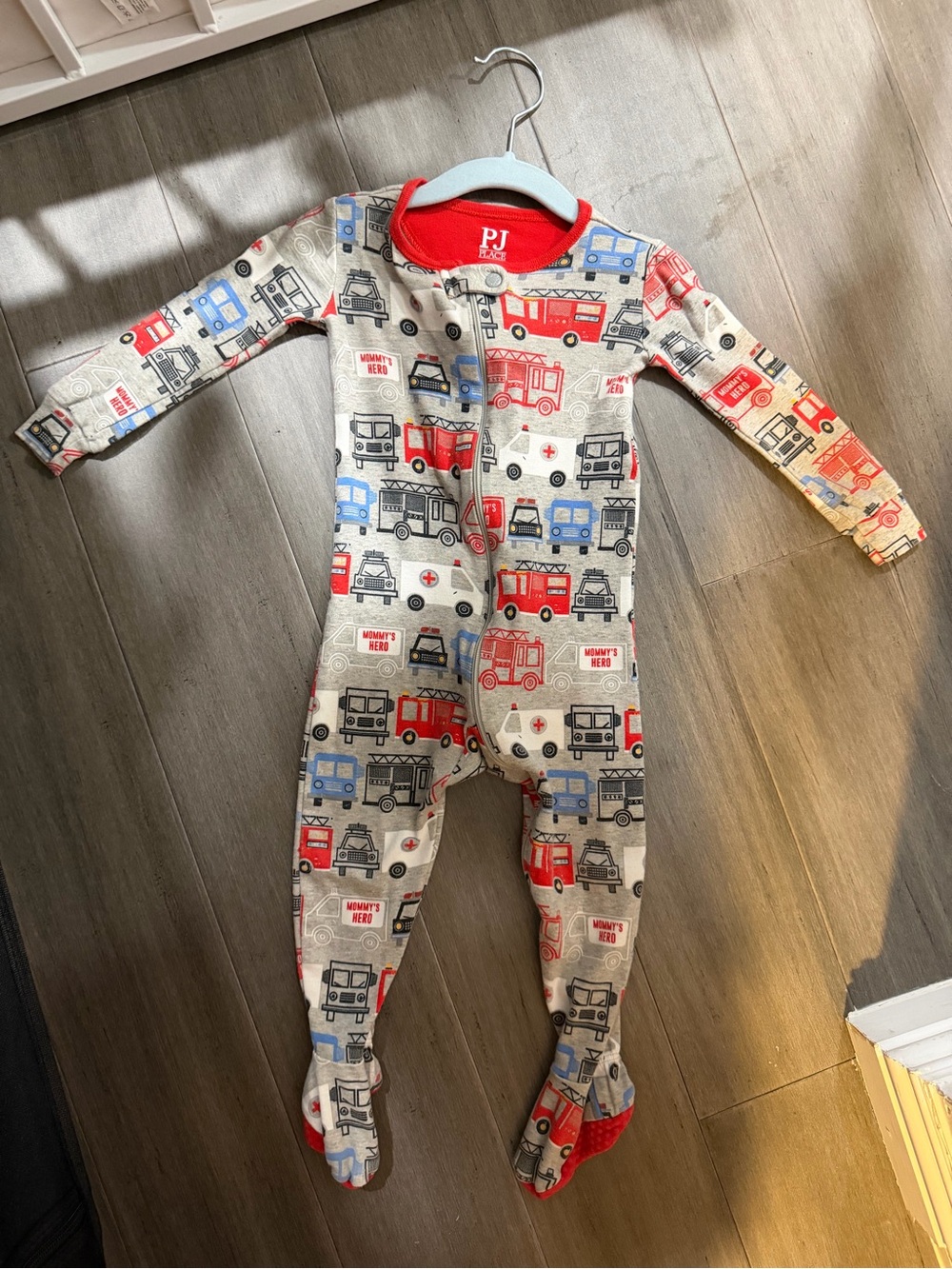 PJ Basics Toddler Footed One-Piece in Gray with Red & Blue Rescue Trucks